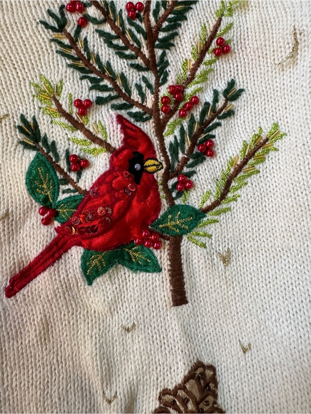 Bobbie Brooks White Embroidered Cardinal & Pinecone V-Neck Sweater Vest - Picture 6 of 13